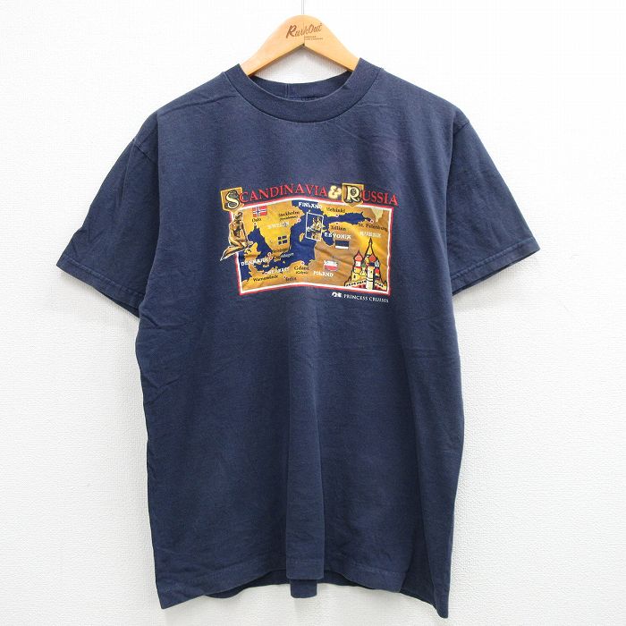 【中古】古着 半袖 ビンテージ ヴィンテージTシャツ メンズ 00年代 00s スカンディナビア ロシア 地図 コットン クルーネック 丸首 紺 ネイビー XLサイズ 中古 | 春夏 夏物 夏服 ヴィンテージTシャツ メンズファッション カットソー ティーシャツ ティシャツ メンズTシ