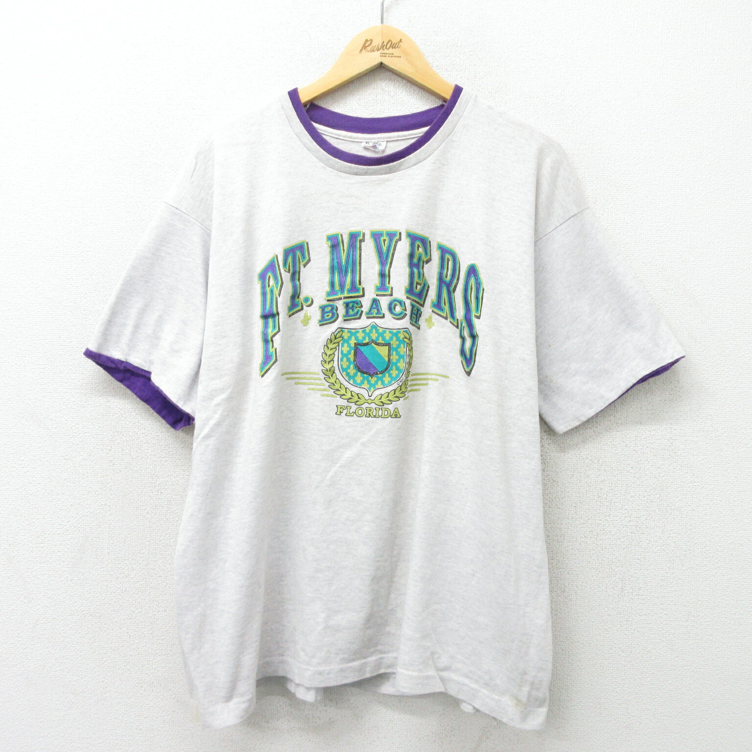 古着 フルーツオブザルーム 半袖 ビンテージ ヴィンテージTシャツ メンズ 90年代 90s プリダ 大きいサイズ 2L LL ビッグシルエット ゆったり ビッグサイズ オーバーサイズ クルーネック 丸首 薄グレー 霜降り他 XLサイズ 中古 | 春夏 夏物 夏服 ヴィンテージT