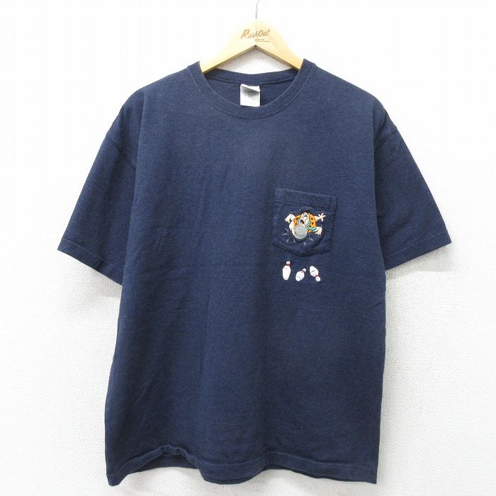 古着 半袖 ビンテージ ヴィンテージTシャツ メンズ 00年代 00s 原始家族フリントストーン 胸ポケット付き コットン クルーネック 丸首 紺 ネイビー XLサイズ 中古 551180