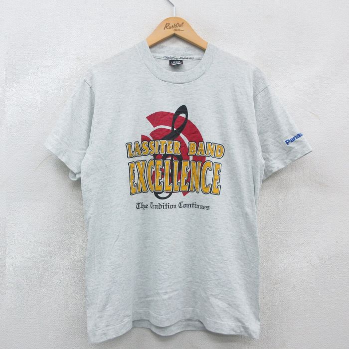 楽天古着屋RushOut【中古】古着 スクリーンスターズ 半袖 ビンテージ ヴィンテージTシャツ メンズ 80年代 80s LASSITER BAND ト音記号 パナソニック クルーネック 丸首 USA製 アメリカ製 薄グレー 霜降り Lサイズ 中古 | 春夏 夏物 夏服 ヴィンテージTシャツ メンズファッション カット