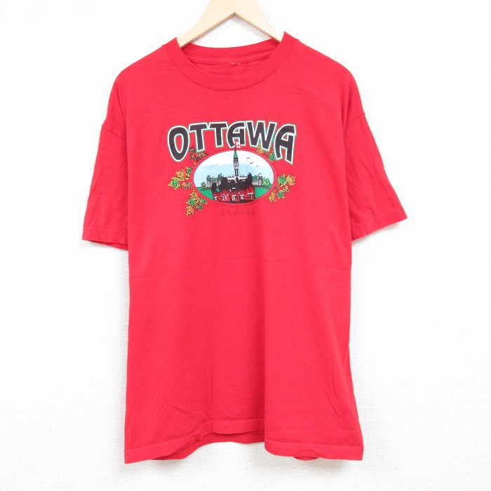 【中古】古着 半袖Tシャツ メンズ オタワ カナダ 大きいサイズ 2L LL ビッグシルエット ゆったり ビッグサイズ オーバーサイズ クルーネック 丸首 赤 レッド XLサイズ 中古 中古メンズ半袖プリントキャラクター 5OF