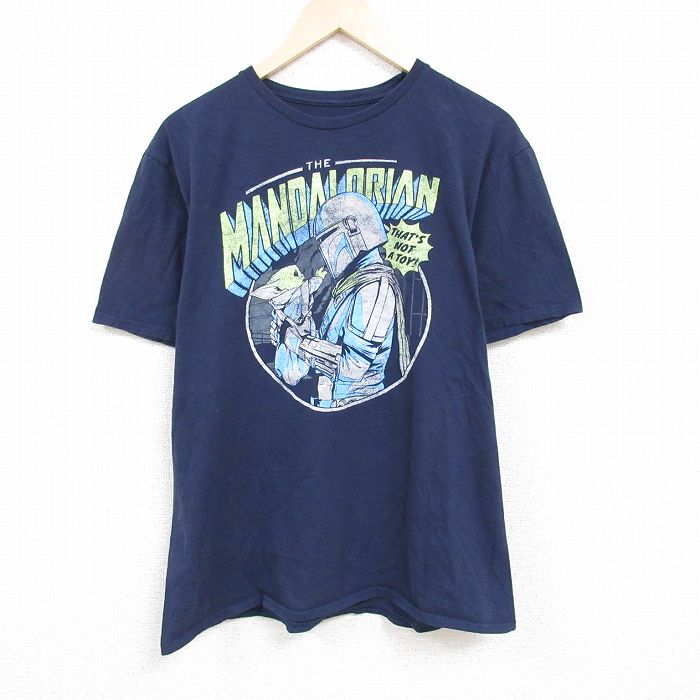 【中古】古着 半袖Tシャツ メンズ スターウォーズ STAR WARS マンダロリアン グローグー コットン クルーネック 丸首 紺 ネイビー XLサイズ 中古 中古メンズ半袖プリントキャラクター