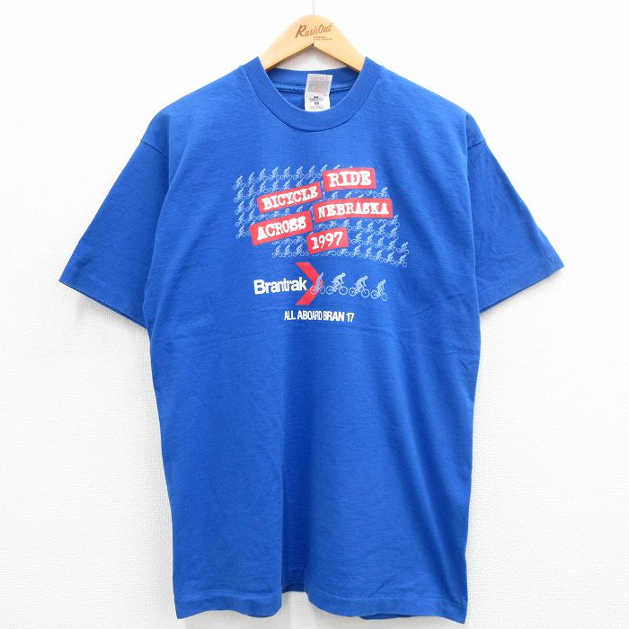【中古】古着 フルーツオブザルーム 半袖 ビンテージ ヴィンテージTシャツ メンズ 90年代 90s 自転車 Brantrak コットン クルーネック 丸首 青 ブルー Lサイズ 中古 | 春夏 夏物 夏服 ヴィンテージTシャツ メンズファッション カットソー ティーシャツ ティシ 5OF
