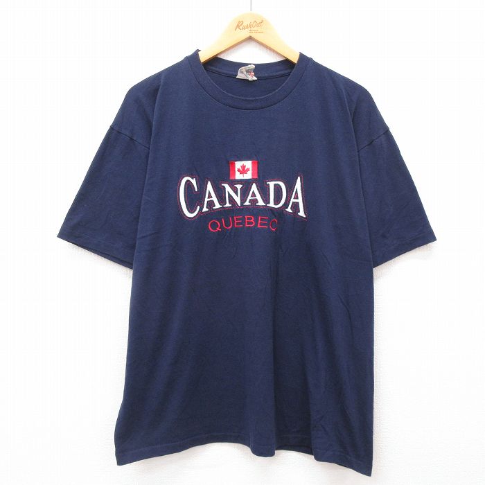 乐天商城 - 【中古】古着 半袖 ビンテージ ヴィンテージTシャツ メンズ 90年代 90s ケベック 国旗 刺繍 クルーネック 丸首 カナダ製 紺 ネイビー XLサイズ 中古 | 春夏 夏物 夏服 ヴィンテージTシャツ メンズファッション カットソー ティーシャツ ティシャツ メンズTシ