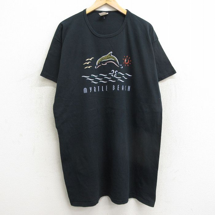 【中古】古着 半袖 ビンテージ ヴィンテージTシャツワンピース レディース 00年代 00s イルカ マートルビーチ 大きいサイズ 2L LL ビッグシルエット ゆったり ビッグサイズ オーバーサイズ ロング丈 コットン クルーネック 丸首 黒 ブラック 中古 | 春夏 春物 春服 秋