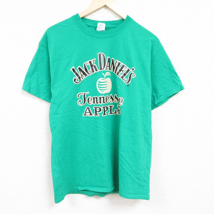 【中古】古着 半袖Tシャツ メンズ ジャックダニエル ウイスキー コットン クルーネック 丸首 緑 グリーン Lサイズ 中古 中古メンズ半袖プリントキャラクター