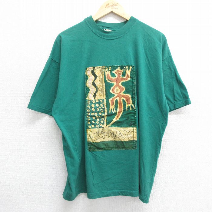 樂天商城 - 【中古】古着 半袖 ビンテージ ヴィンテージTシャツ メンズ 00年代 00s アフリカ 大きいサイズ 2L LL ビッグシルエット ゆったり ビッグサイズ オーバーサイズ コットン クルーネック 丸首 緑 グリーン XLサイズ 中古 | 春夏 夏物 夏服 ヴィンテージTシャツ