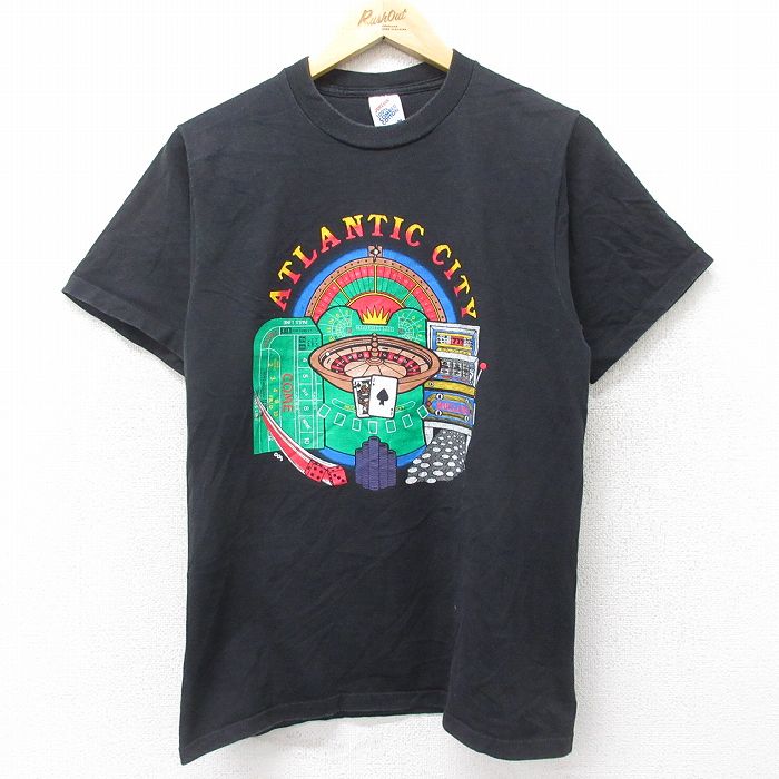 【中古】古着 ジャージーズ 半袖 ビンテージ ヴィンテージTシャツ メンズ 90年代 90s アトランティックシティ カジノ コットン クルーネック 丸首 USA製 アメリカ製 黒 ブラック Mサイズ 中古 | 春夏 夏物 夏服 ヴィンテージTシャツ メンズファッション カットソー テ