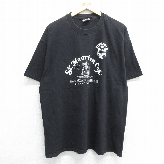 【中古】古着 ヘインズ Hanes 半袖 ビンテージ ヴィンテージTシャツ メンズ 00年代 00s バージニア セントマーチンカフェ 船 コットン クルーネック 丸首 黒 ブラック XLサイズ 中古 | 春夏 夏物 夏服 ヴィンテージTシャツ メンズファッション カットソー ティーシャツ