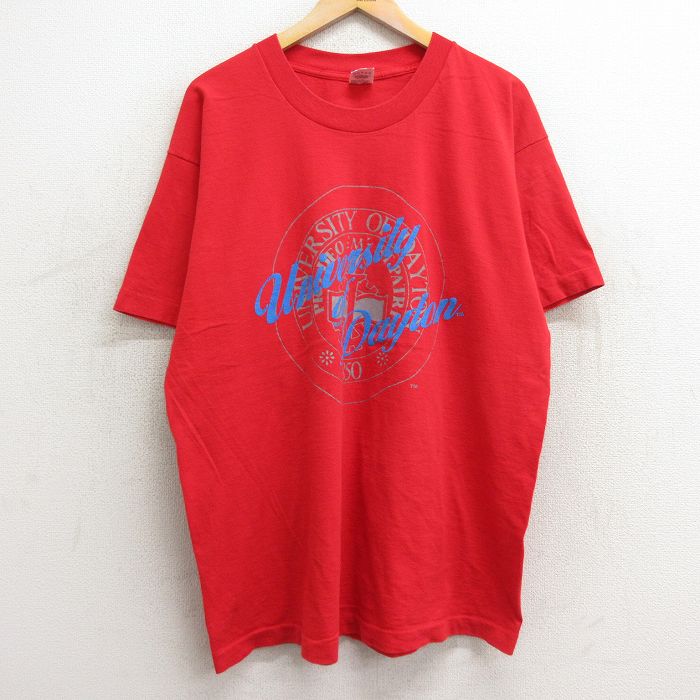 【中古】古着 フルーツオブザルーム 半袖 ビンテージ ヴィンテージTシャツ メンズ 90年代 90s 大学 カレッジ デイトン 大きいサイズ 2L LL ビッグシルエット ゆったり ビッグサイズ オーバーサイズ コットン クルーネック 丸首 USA製 アメリカ製 赤 レッド XL 5OF
