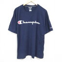 【中古】古着 チャンピオン Champion 半袖 ブランドTシャツ メンズ ビッグロゴ 大きいサイズ 2L LL ビッグシルエット ゆったり ビッグサイズ オーバーサイズ クルーネック 丸首 紺 ネイビー XLサイズ 中古 | 春夏 夏物 夏服 メンズファッション カットソー ティーシャ