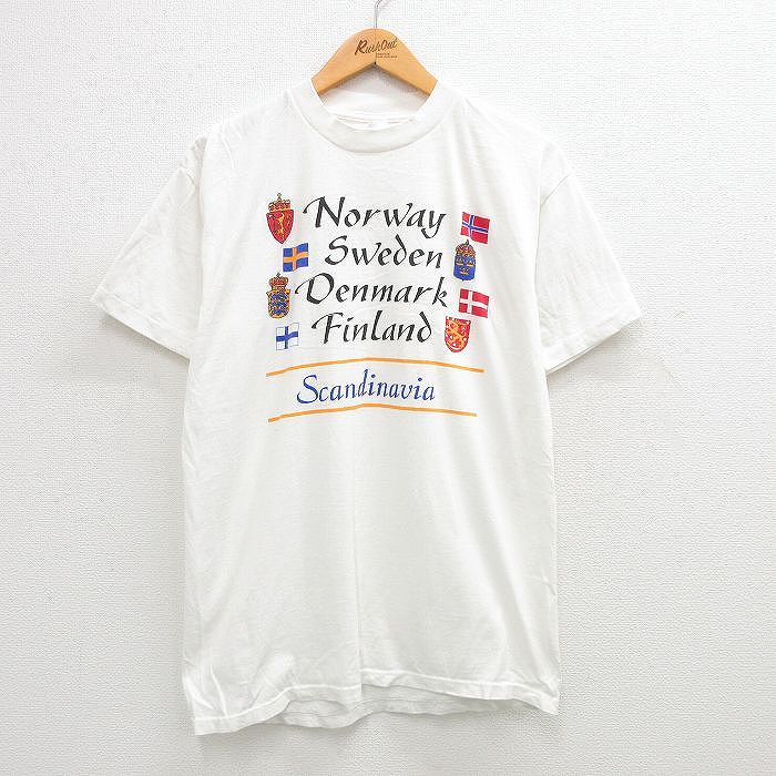 【中古】古着 半袖 ビンテージ ヴィンテージTシャツ メンズ 90年代 90s スウェーデン 国旗 スカンティナギア コットン クルーネック 丸首 白 ホワイト Lサイズ 中古 春夏 夏物 夏服 ヴィンテージTシャツ メンズファッション カットソー ティーシャツ ティシャツ メン