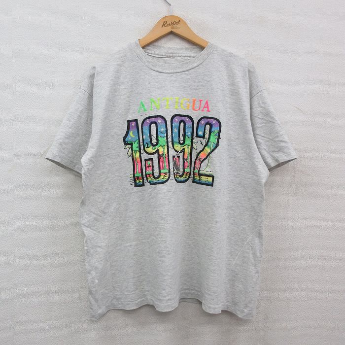 Rakuten - 【中古】古着 00s ヴィンテージTシャツ メンズ XLサイズ 薄グレー ヨット ヤシの木 プリント コットン クルーネック 霜降り ストリート アメカジ カジュアル 24mar21