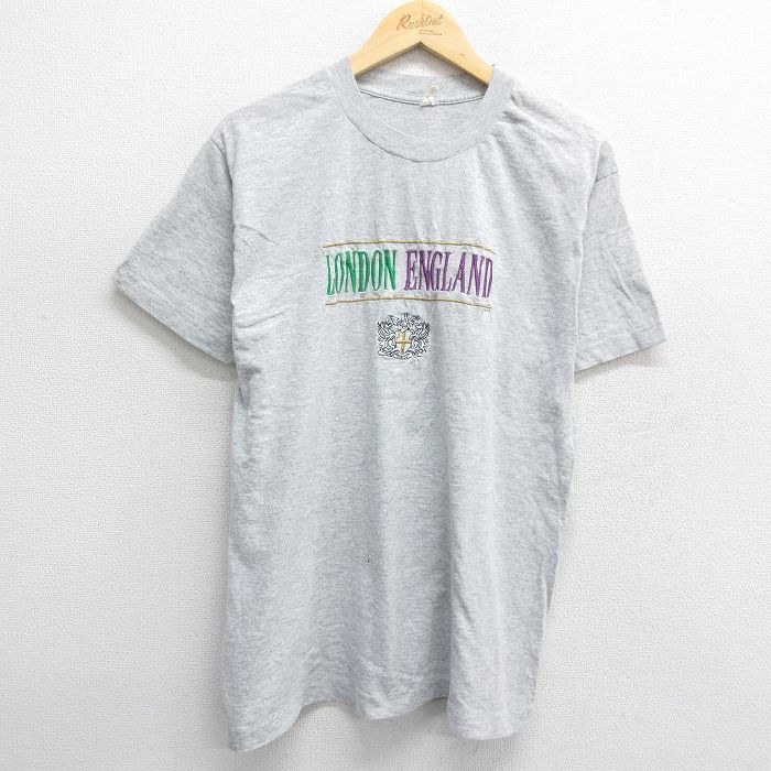 Rakuten - 【中古】古着 90s ヴィンテージTシャツ メンズ Lサイズ グレー 霜降り クルーネック 刺繍 イングランド ロンドン アメカジ ストリート カジュアル きれいめ 24mar23 5OF