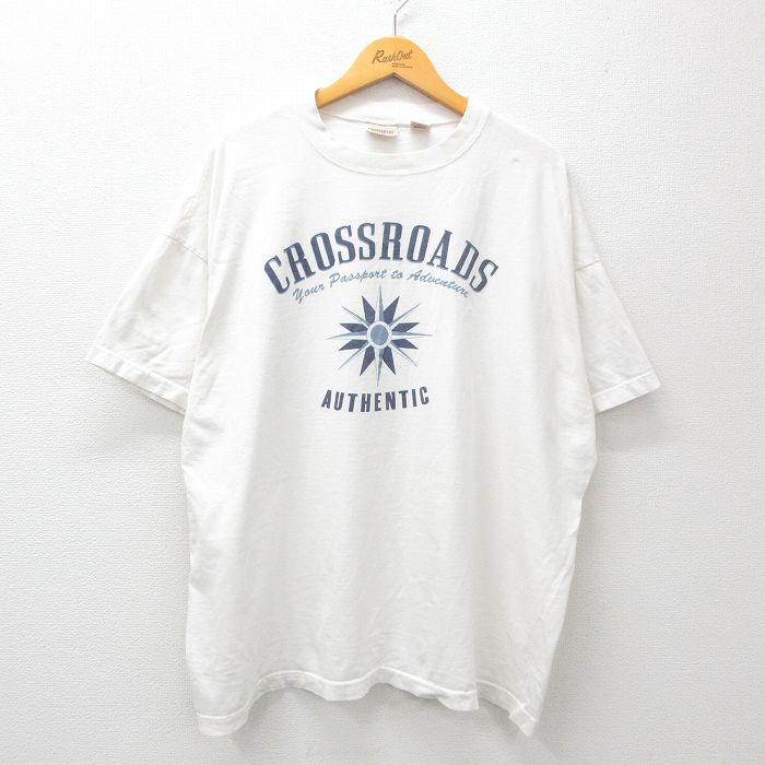 【中古】古着 半袖 ビンテージ ヴィンテージTシャツ メンズ 90年代 90s CROSSROADS 大きいサイズ 2L LL ビッグシルエット ゆったり ビッグサイズ オーバーサイズ コットン クルーネック 丸首 USA製 アメリカ製 白 ホワイト XLサイズ 中古 | 春夏 夏物 夏服 ヴ 5OF