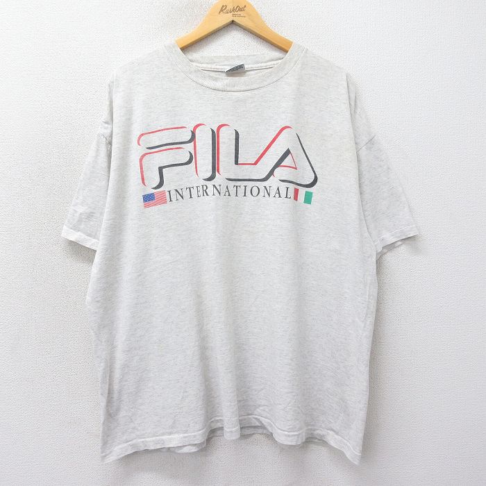 樂天商城 - 【中古】古着 フィラ FILA 半袖 ビンテージ ヴィンテージTシャツ メンズ 90年代 90s ビッグロゴ インターナショナル 大きいサイズ 2L LL ビッグシルエット ゆったり ビッグサイズ オーバーサイズ コットン クルーネック 丸首 USA製 アメリカ製 薄グレー 霜降
