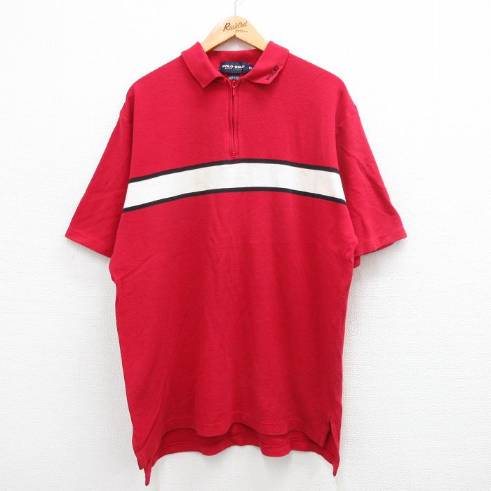 【中古】古着 ラルフローレン 90s ポロゴルフ ハーフジップ 半袖シャツ メンズ XLサイズ 赤 コットン ワンポイントロゴ アメカジ ゴルフウェア ストリート カジュアル 24apr01