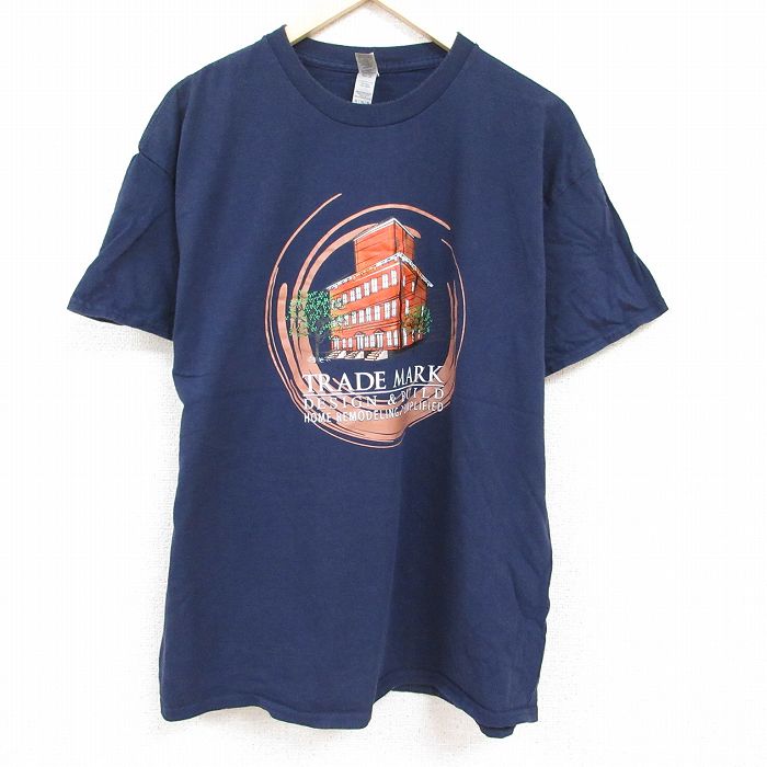 【中古】古着 半袖Tシャツ メンズ トレードマーク 大きいサイズ 2L LL ビッグシルエット ゆったり ビッグサイズ オーバーサイズ コットン クルーネック 丸首 紺 ネイビー XLサイズ 中古 中古メンズ半袖プリントキャラクター 5OF(4.0)