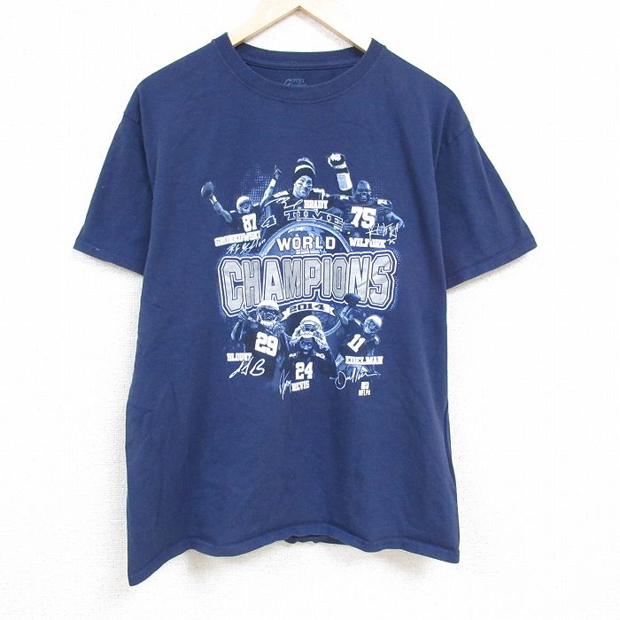 登场人物 - 【中古】古着 半袖Tシャツ メンズ NFL ニューイングランドペイトリオッツ トムレディ コットン クルーネック 丸首 紺 ネイビー アメフト スーパーボウル XLサイズ 中古 中古メンズ半袖プリントキャラクター