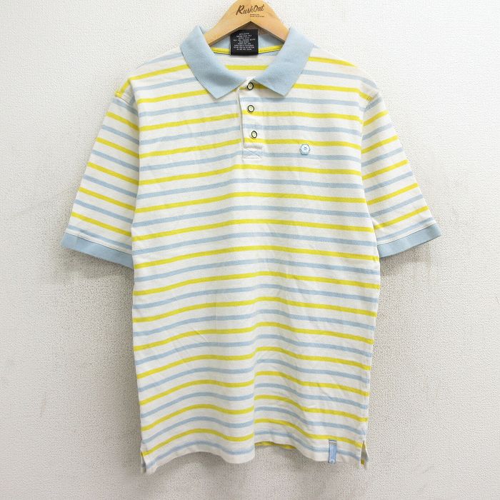 乐天商城 - 【中古】古着 サウスポール 半袖 ポロシャツ メンズ 00年代 00s ワンポイントロゴ コットン 鹿の子 薄紺他 ネイビー ボーダー Lサイズ 中古 トップス | 春夏 春物 春服 夏物 夏服 カジュアルシャツ メンズファッション 半袖シャツ おしゃれ カジュアル