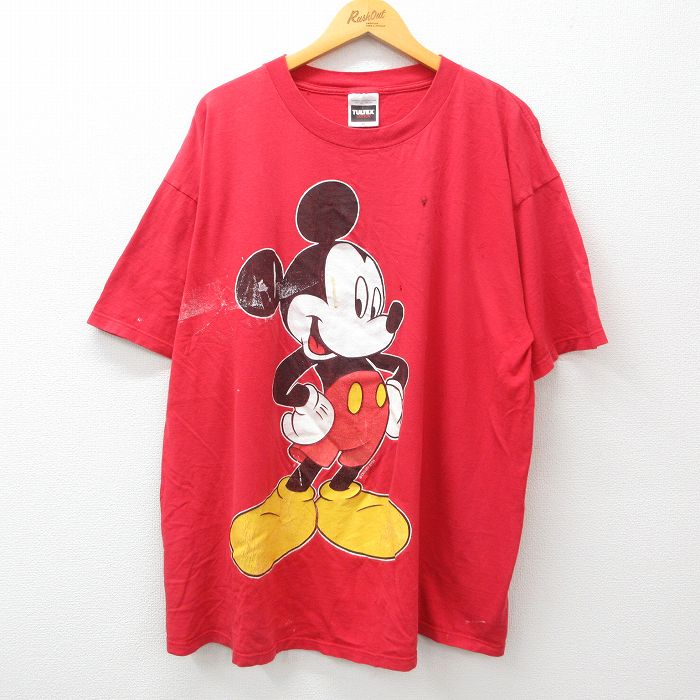 古着 TULTEX 半袖 ビンテージ ヴィンテージTシャツ メンズ 90年代 90s ディズニー DISNEY ミッキー MICKEY MOUSE 大きいサイズ 2L LL ビッグシルエット ゆったり ビッグサイズ オーバーサイズ コットン クルーネック 丸首 赤 レッド XLサイズ 中古 551180