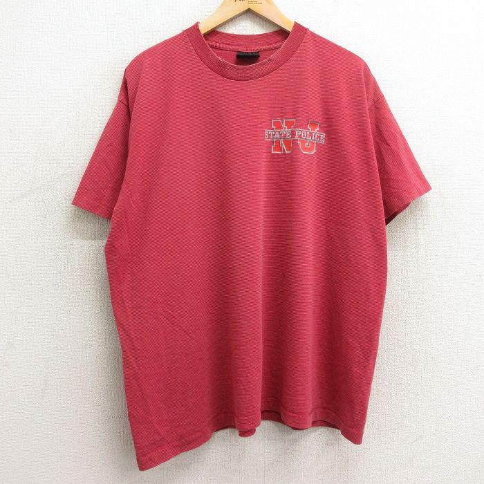 Sport - 【中古】古着 90s ニュージャージーポリス Tシャツ メンズ XLサイズ 赤ボーダー USA製 クルーネック アメカジ ストリート カジュアル きれいめ ヴィンテージ 24apr05 5OF