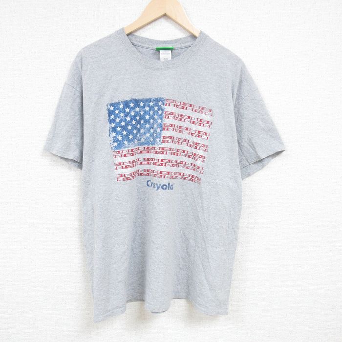 乐天商城 - 【中古】古着 半袖Tシャツ メンズ クレオラ 星条旗 大きいサイズ 2L LL ビッグシルエット ゆったり ビッグサイズ オーバーサイズ クルーネック 丸首 グレー 霜降り XLサイズ 中古 中古メンズ半袖プリントキャラクター