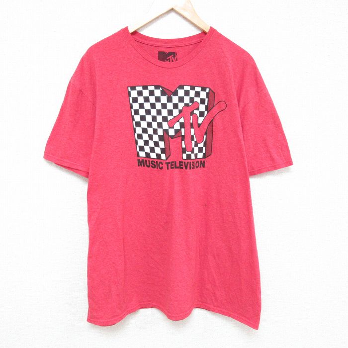 楽天古着屋RushOut【中古】古着 半袖Tシャツ メンズ MTV ミュージックテレビジョン 大きいサイズ 2L LL ビッグシルエット ゆったり ビッグサイズ オーバーサイズ クルーネック 丸首 赤 レッド 霜降り XLサイズ 中古 中古メンズ半袖プリントキャラクター