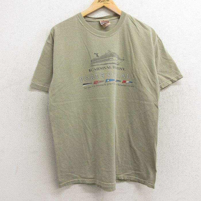 【中古】古着 ヘインズ Hanes 半袖 ビンテージ ヴィンテージTシャツ メンズ 00年代 00s 船 カーニバルデスティニー コットン クルーネック 丸首 ベージュ系 カーキ XLサイズ 中古 | 春夏 夏物 夏服 ヴィンテージTシャツ メンズファッション カットソー ティーシャツ テ