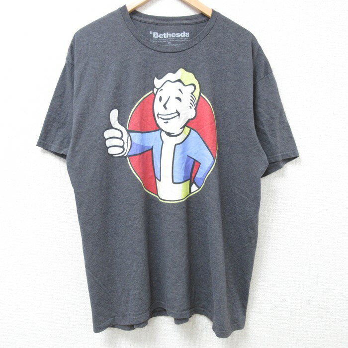 【中古】古着 半袖Tシャツ メンズ ゲーム フォールアウト クルーネック 丸首 濃グレー 霜降り XLサイズ 中古 中古メンズ半袖プリントキャラクター