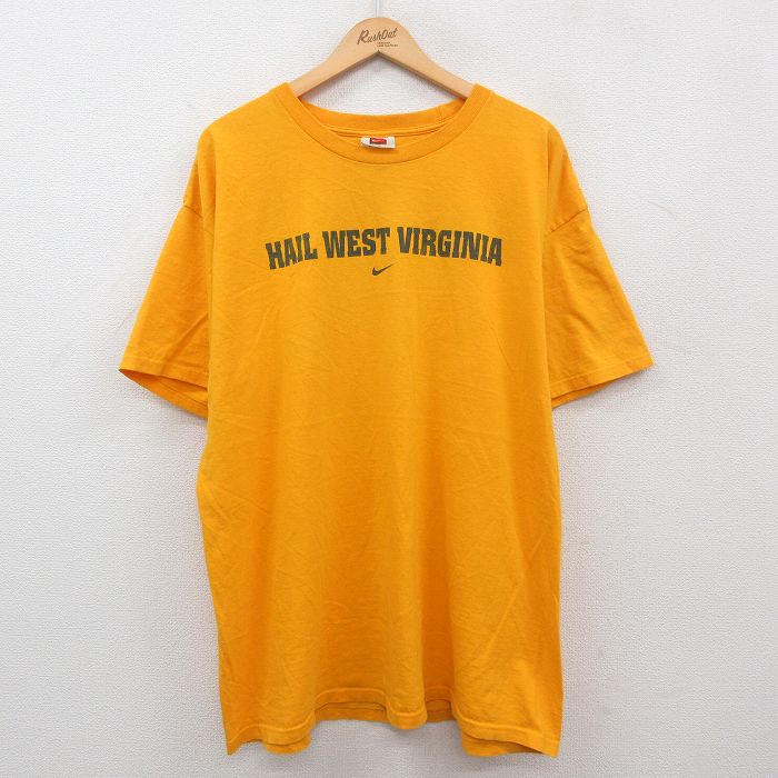 【中古】古着 ナイキ NIKE 半袖 ビンテージ ヴィンテージTシャツ メンズ 00年代 00s ウエストバージニア大学 ワンポイントロゴ 大きいサイズ 2L LL ビッグシルエット ゆったり ビッグサイズ オーバーサイズ ロング丈 コットン クルーネック 丸首 黄 イエロー XLサイズ