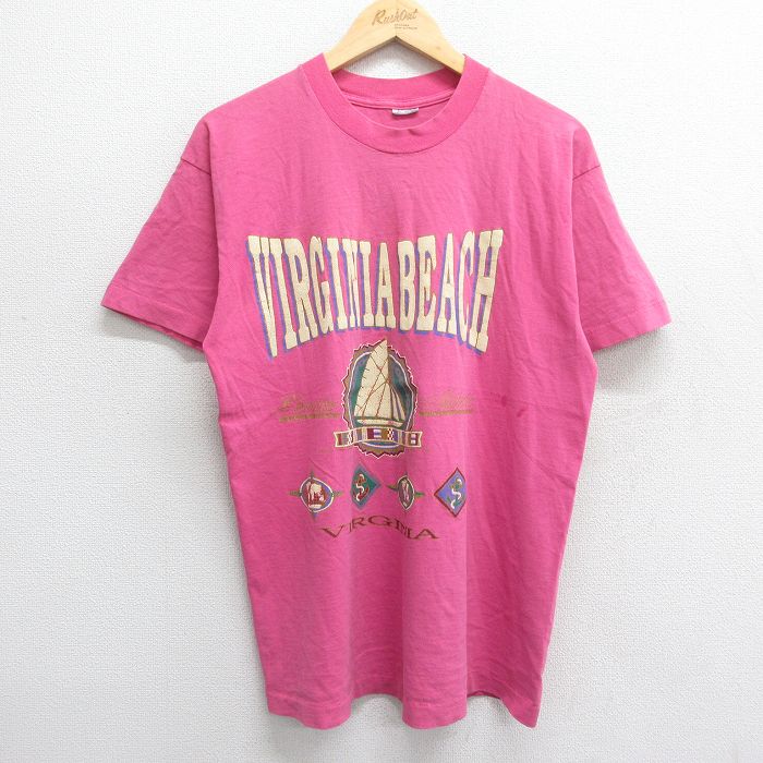 【中古】古着 半袖 ビンテージ ヴィンテージTシャツ メンズ 90年代 90s バージニアビーチ コットン クルーネック 丸首 USA製 アメリカ製 ピンク Lサイズ 中古 | 春夏 夏物 夏服 ヴィンテージTシャツ メンズファッション カットソー ティーシャツ ティシャツ メンズTシ