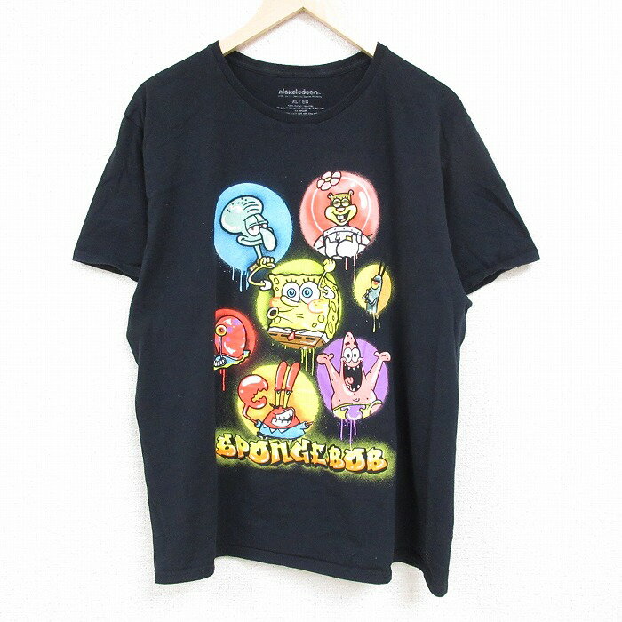 古着 半袖Tシャツ メンズ ニコロデオン アニメ スポンジボブ イカルドテンタクルズ パトリック コットン クルーネック 丸首 黒 ブラック XLサイズ 中古 中古メンズ半袖プリントキャラクター