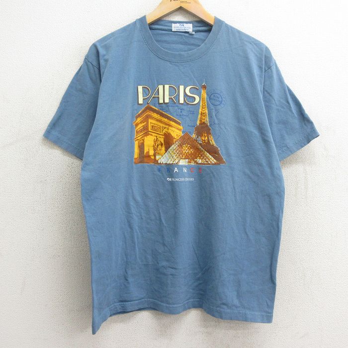 【中古】古着 00s ヴィンテージTシャツ メンズ Lサイズ 薄紺 パリプリント 凱旋門 エッフェル塔 コットン クルーネック アメカジ ストリート カジュアル きれいめ 24apr15