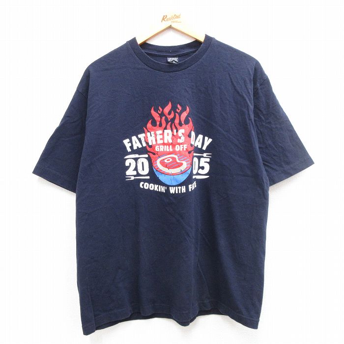 乐天商城 - 【中古】古着 半袖 ビンテージ ヴィンテージTシャツ メンズ 00年代 00s 肉 火 コットン クルーネック 丸首 紺 ネイビー XLサイズ 中古 | 春夏 夏物 夏服 ヴィンテージTシャツ メンズファッション カットソー ティーシャツ ティシャツ メンズTシャツ 半袖Tシャ