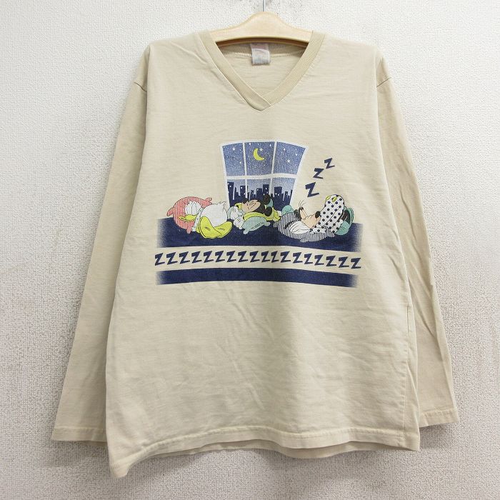 【中古】古着 長袖 ビンテージ ヴィンテージTシャツ キッズ ボーイズ 子供服 90年代 90s ディズニー DISNEY ミッキー MICKEY MOUSE グーフィー ドナルド コットン Vネック 薄ベージュ カーキ | 春夏 春物 春服 秋冬 秋物 秋服 女の子 子ども服 こども服 カジュアル フ