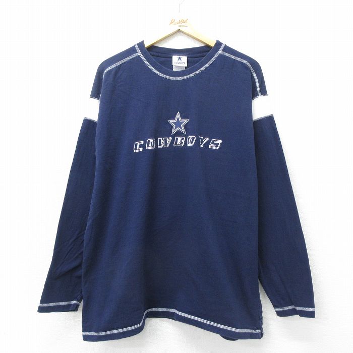 【中古】古着 長袖Tシャツ メンズ NFL ダラスカウボーイズ 刺繍 大きいサイズ 2L LL ビッグシルエット ゆったり ビッグサイズ オーバーサイズ コットン クルーネック 丸首 紺他 ネイビー アメフト スーパーボウル XLサイズ 中古 | 春夏 春物 春服 秋冬 秋物 5OF