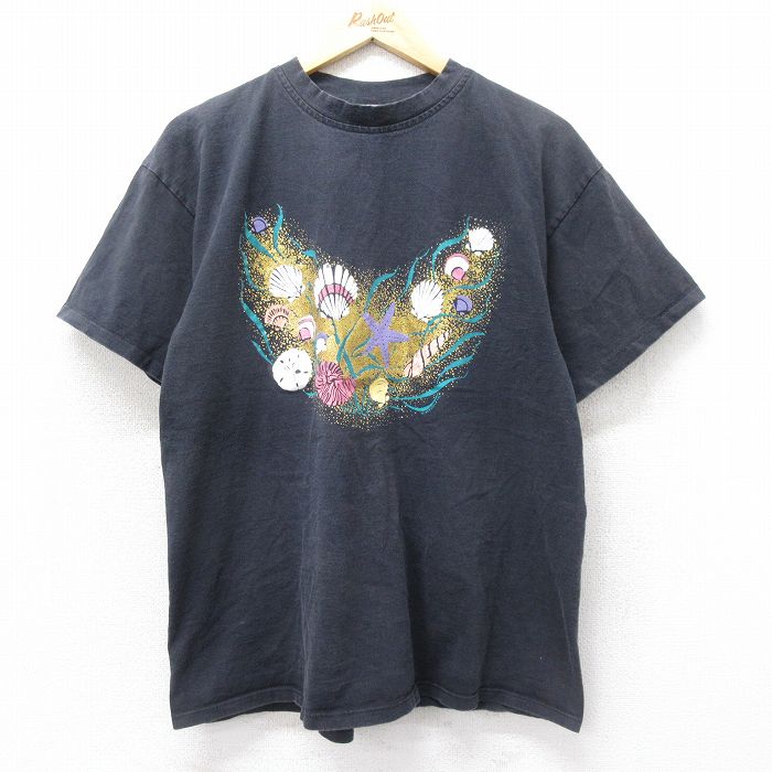 【中古】古着 半袖 ビンテージ ヴィンテージTシャツ メンズ 90年代 90s 貝 ヒトデ ラメ コットン クルーネック 丸首 USA製 アメリカ製 黒 ブラック XLサイズ 中古 | 春夏 夏物 夏服 ヴィンテージTシャツ メンズファッション カットソー ティーシャツ ティシャ