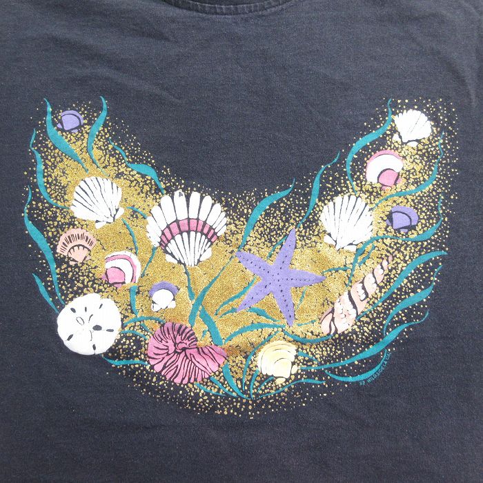 【中古】古着 半袖 ビンテージ ヴィンテージTシャツ メンズ 90年代 90s 貝 ヒトデ ラメ コットン クルーネック 丸首 USA製 アメリカ製 黒 ブラック XLサイズ 中古 | 春夏 夏物 夏服 ヴィンテージTシャツ メンズファッション カットソー ティーシャツ ティシャ