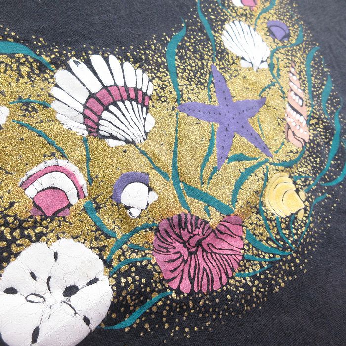 【中古】古着 半袖 ビンテージ ヴィンテージTシャツ メンズ 90年代 90s 貝 ヒトデ ラメ コットン クルーネック 丸首 USA製 アメリカ製 黒 ブラック XLサイズ 中古 | 春夏 夏物 夏服 ヴィンテージTシャツ メンズファッション カットソー ティーシャツ ティシャ