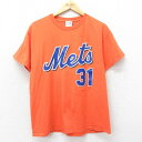 【中古】古着 マジェスティック 半袖 ビンテージ ヴィンテージTシャツ メンズ 00年代 00s MLB ニューヨークメッツ マイクピアッツァ 31 コットン クルーネック 丸首 オレンジ Lサイズ 中古 | 春夏 夏物 夏服 ヴィンテージTシャツ メンズファッション カットソー ティー