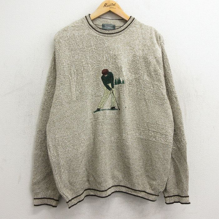 Crew Neck - 【中古】古着 90s ゴルフ 長袖セーター メンズ カーキ XLサイズ 刺繍 ニット アメカジ ヴィンテージ ストリート カジュアル きれいめ レトロ オールド