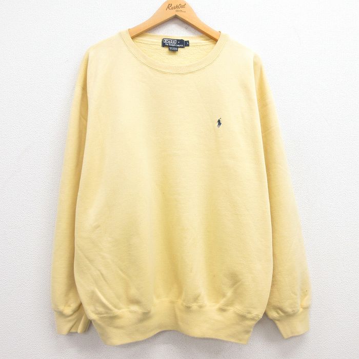 【中古】古着 ラルフローレン Ralph Lauren 長袖 ブランドスウェット メンズ 90年代 90s ワンポイントロゴ 大きいサイズ 2L LL ビッグシルエット ゆったり ビッグサイズ オーバーサイズ クルーネック 丸首 黄 イエロー XLサイズ 中古 スエット トレーナー トップス