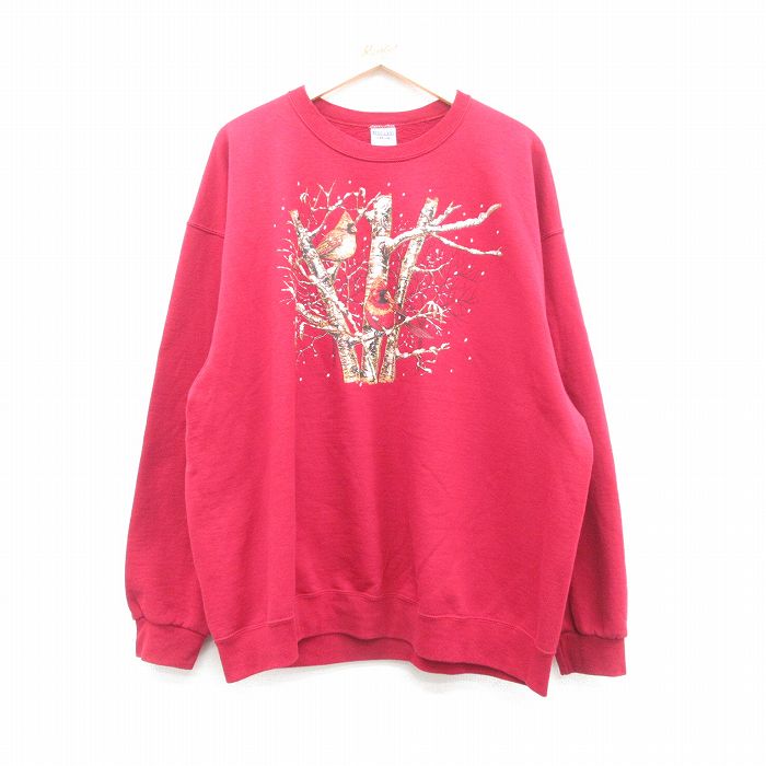 【中古】古着 ジャージーズ 長袖スウェット メンズ 00年代 00s 鳥 大きいサイズ 2L LL ビッグシルエット ゆったり ビッグサイズ オーバーサイズ クルーネック 丸首 赤 レッド XLサイズ 中古 スエット トレーナー トップス | 春夏 春物 春服 秋冬 秋物 秋服 メ(4.0)