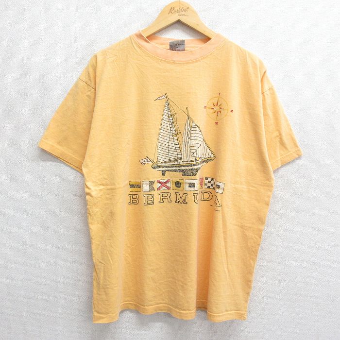 【中古】古着 半袖 ビンテージ ヴィンテージTシャツ メンズ 00年代 00s バミューダ諸島 船 コットン クルーネック 丸首 薄オレンジ XLサイズ 中古 | 春夏 夏物 夏服 ヴィンテージTシャツ メンズファッション カットソー ティーシャツ ティシャツ メンズTシャ 5OF
