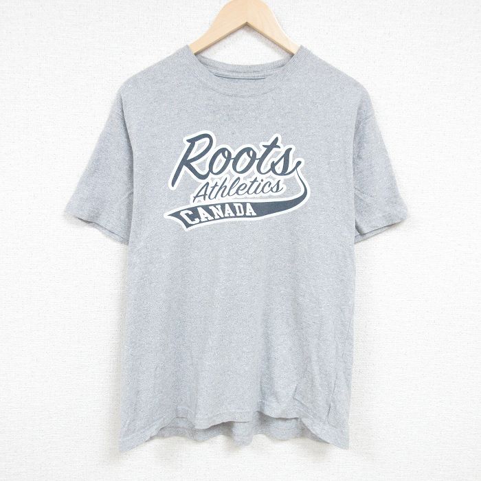 【中古】古着 半袖Tシャツ メンズ Roots 大きいサイズ 2L LL ビッグシルエット ゆったり ビッグサイズ オーバーサイズ クルーネック 丸首 カナダ製 グレー 霜降り XLサイズ 中古 中古メンズ半袖プリントキャラクター