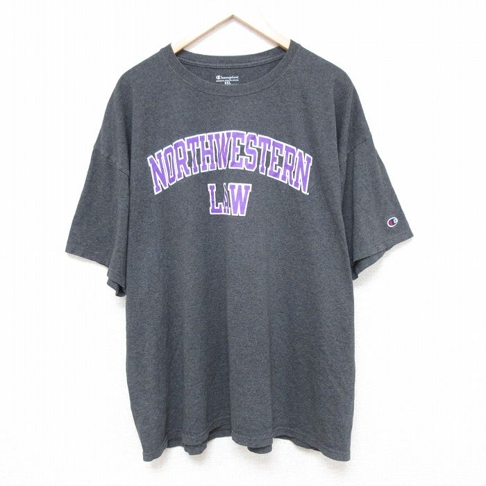 【中古】古着 チャンピオン Champion 半袖 ブランドTシャツ メンズ NORTHWESTERN LAW 大きいサイズ 2L LL ビッグシルエット ゆったり ビッグサイズ オーバーサイズ クルーネック 丸首 濃グレー 霜降り XLサイズ 中古 春夏 夏物 夏服 メンズファッション カットソー