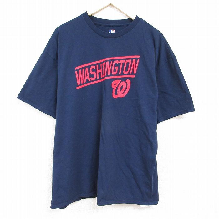 【中古】古着 半袖Tシャツ メンズ MLB ワシントンナショナルズ 大きいサイズ 2L LL ビッグシルエット ゆったり ビッグサイズ オーバーサイズ コットン クルーネック 丸首 紺 ネイビー メジャーリーグ ベースボール 野球 XLサイズ 中古 中古メンズ半袖プリントキャラク