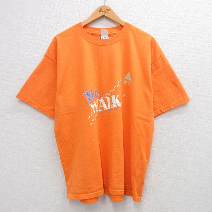 【中古】古着 半袖 ビンテージ ヴィンテージTシャツ メンズ 00年代 00s THE WALK 足跡 大きいサイズ 2L LL ビッグシルエット ゆったり ビッグサイズ オーバーサイズ コットン クルーネック 丸首 オレンジ XLサイズ 中古 | 春夏 夏物 夏服 ヴィンテージTシャツ