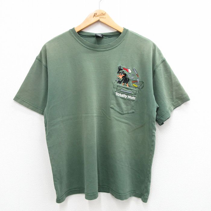 古着 半袖 ビンテージ ヴィンテージTシャツ メンズ 90年代 90s ルーニーテューンズ LOONEY TUNES ダフィーダック コットン クルーネック 丸首 緑 グリーン  XLサイズ 中古 551180